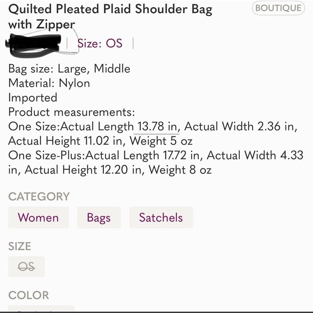 Quilted Pleated Plaid Shoulder Bag with Zipper - Picture 8 of 8
